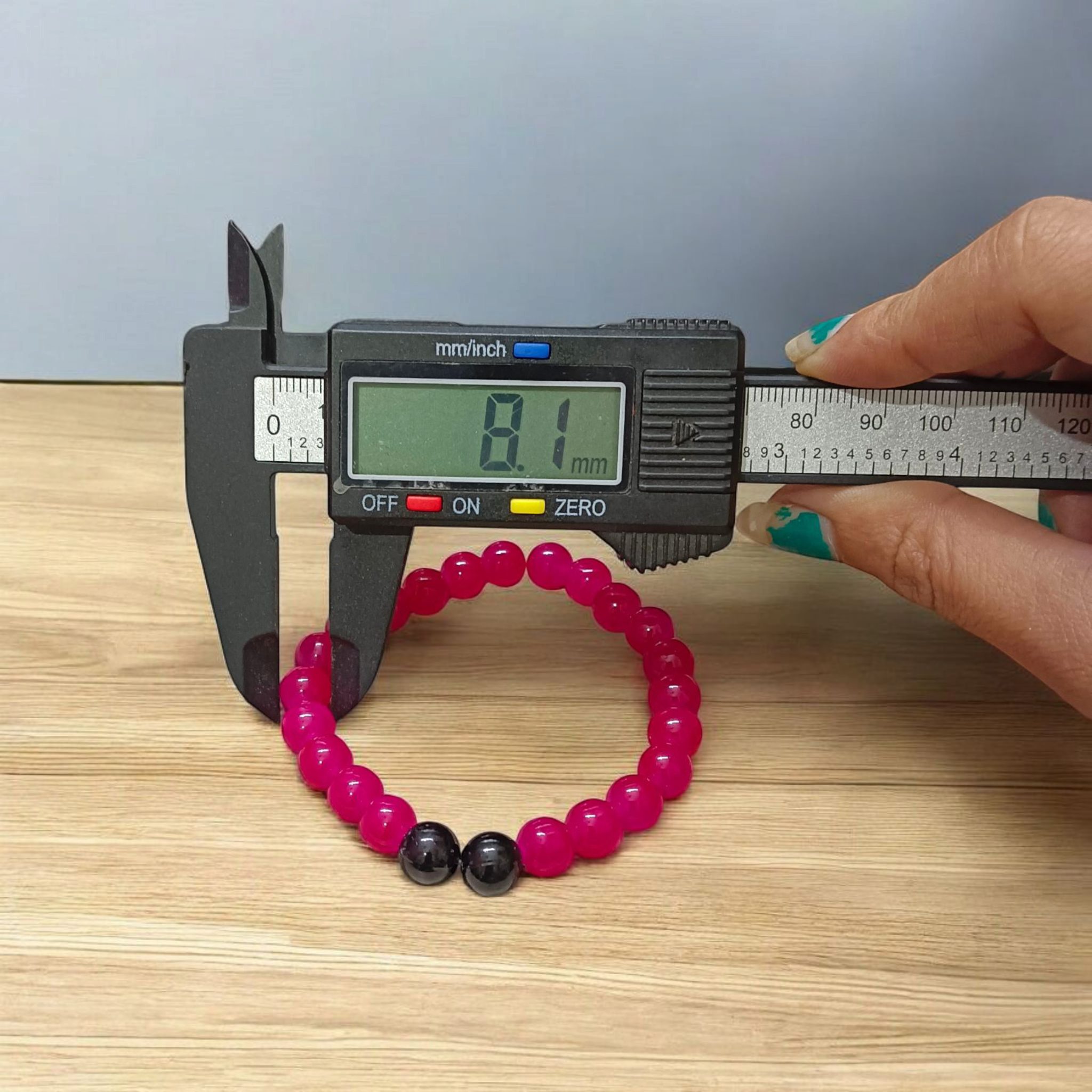 Pink & Black Agate (Hakik) bracelet with 8mm round polished beads, lab certified and stretchable, perfect for emotional healing and protection