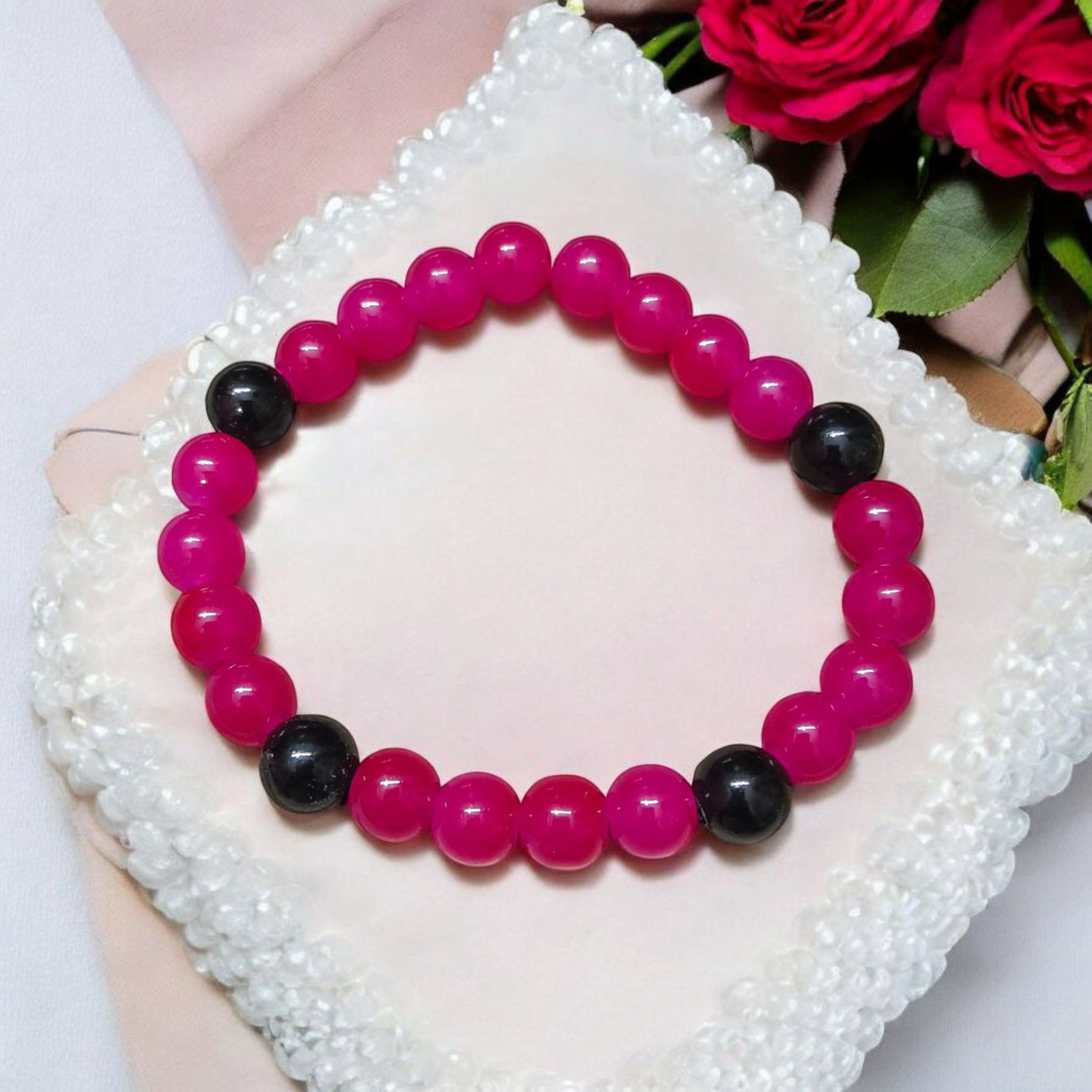 Pink & Black Agate (Hakik) bracelet with 8mm round polished beads, lab certified and stretchable, perfect for emotional healing and protection