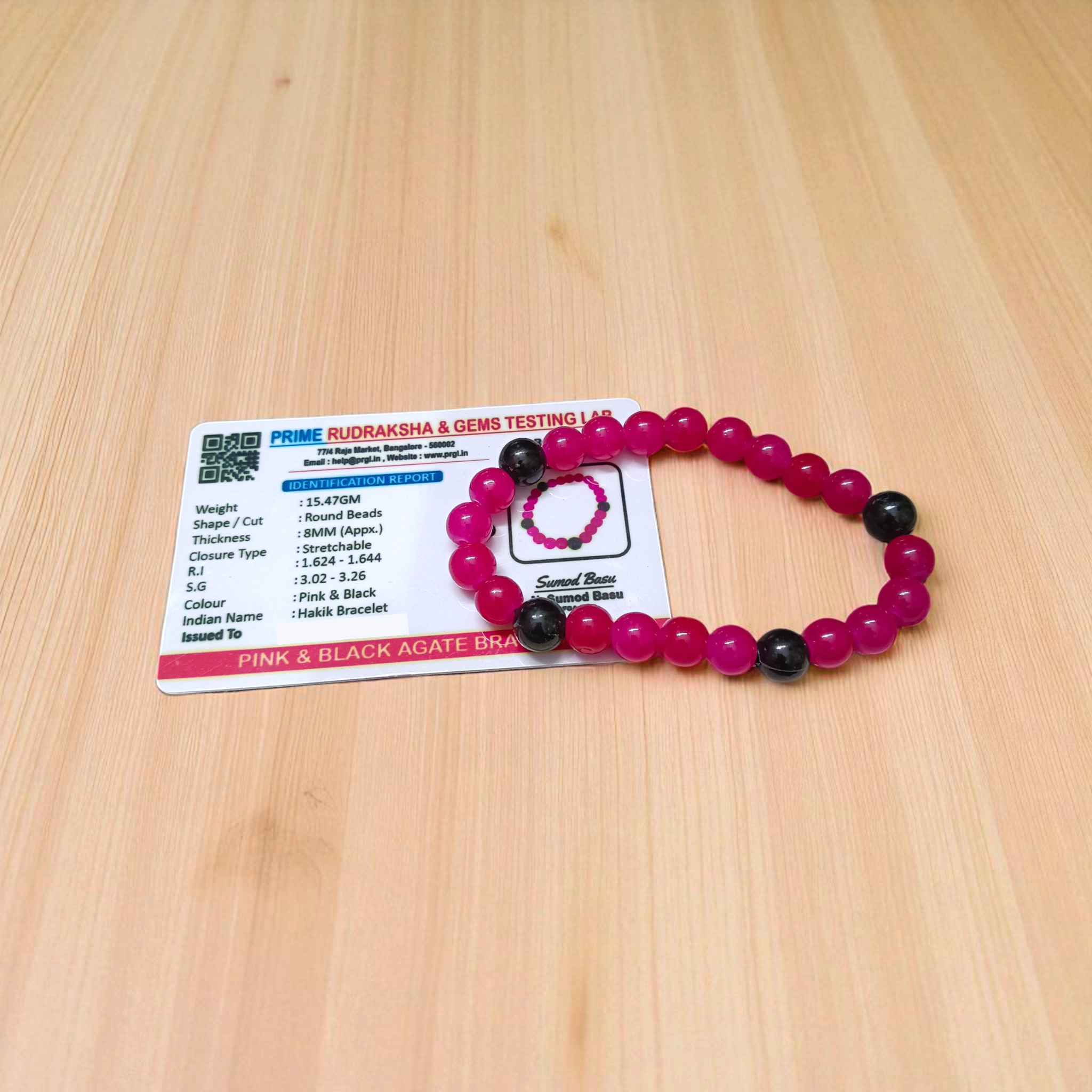 Pink & Black Agate (Hakik) bracelet with 8mm round polished beads, lab certified and stretchable, perfect for emotional healing and protection