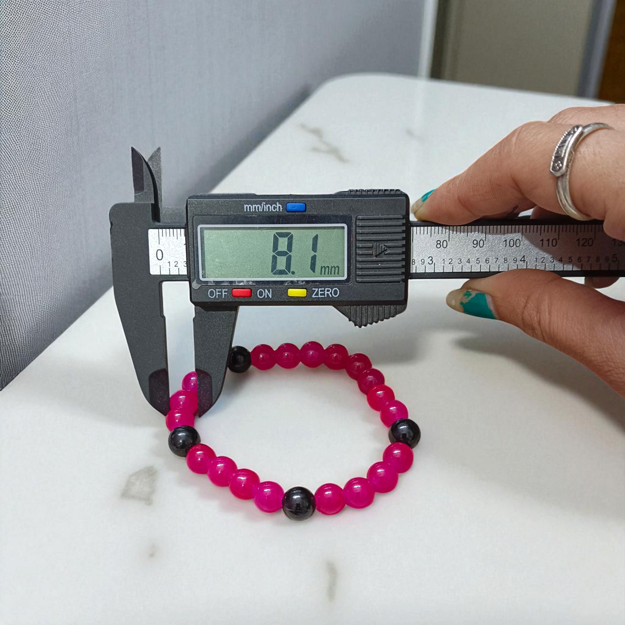 Pink & Black Agate (Hakik) bracelet with 8mm round polished beads, lab certified and stretchable, perfect for emotional healing and protection