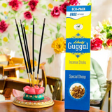 Premium Guggal Incense Sticks with soothing aroma for purifying your space, enhancing focus, and promoting peace. Free gift inside.