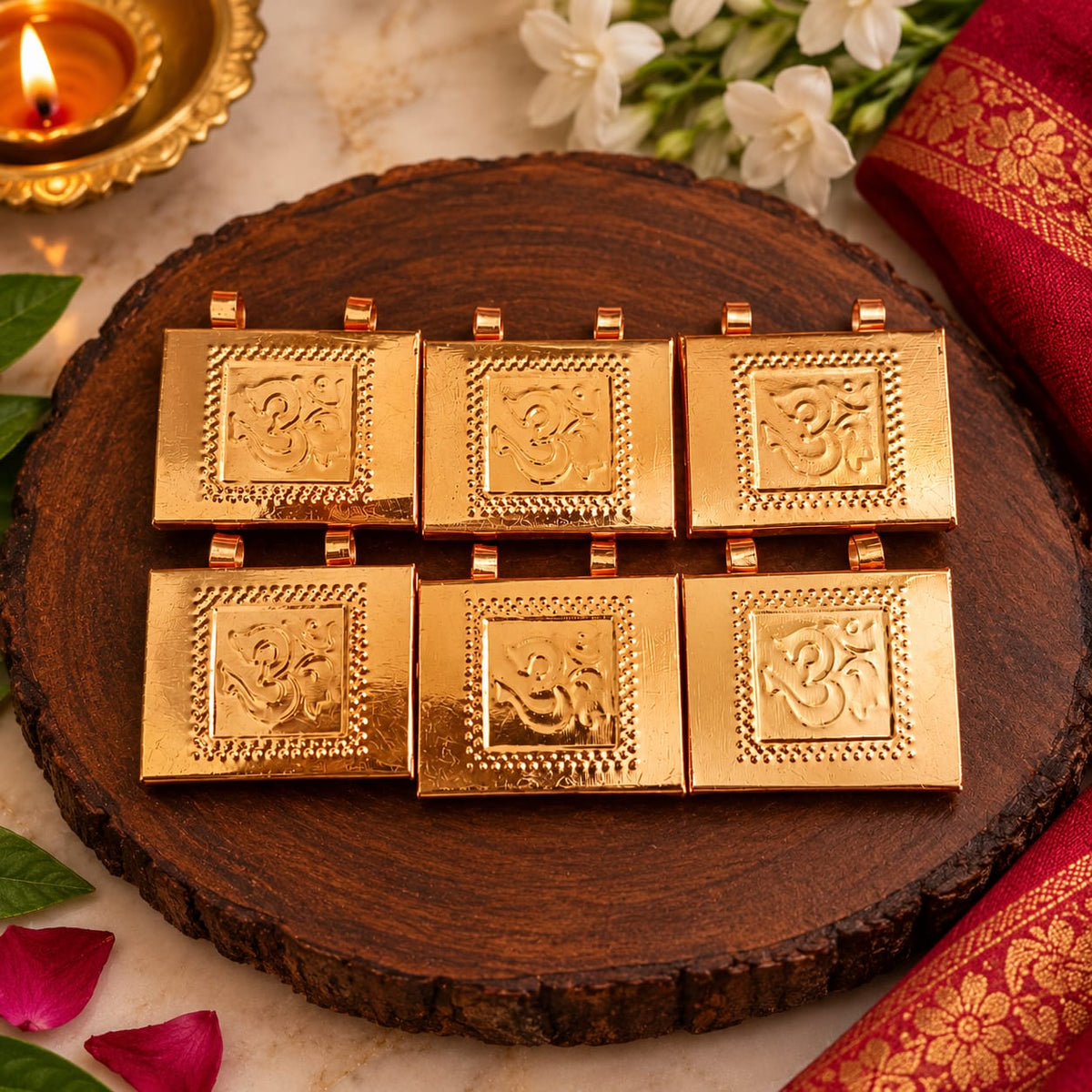 Premium copper Hanuman Ji and Om Taweez pendant set of 6 for daily religious wear and spiritual devotion

