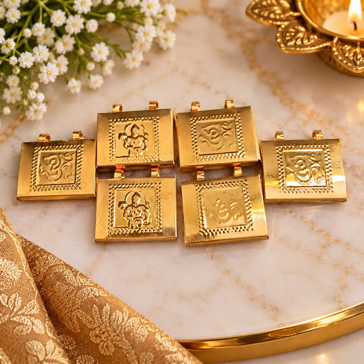 Premium copper Hanuman Ji and Om Taweez pendant set of 6 for daily religious wear and spiritual devotion

