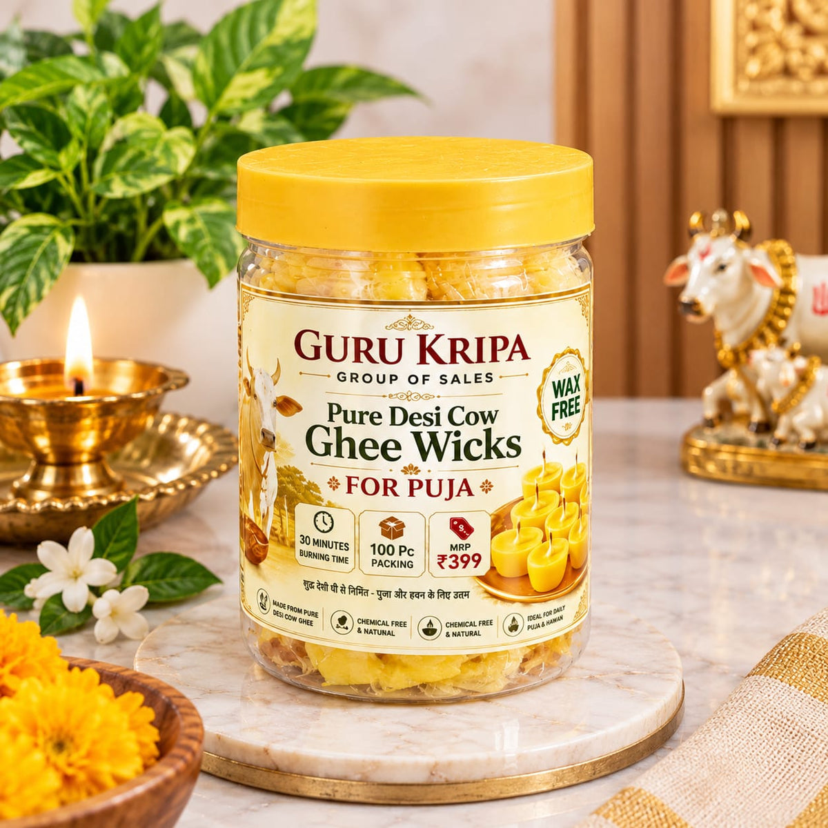 Pure Cow Ghee Diya Batti 100 Ready-to-Use Wax-Free Ghee Wicks for Puja
