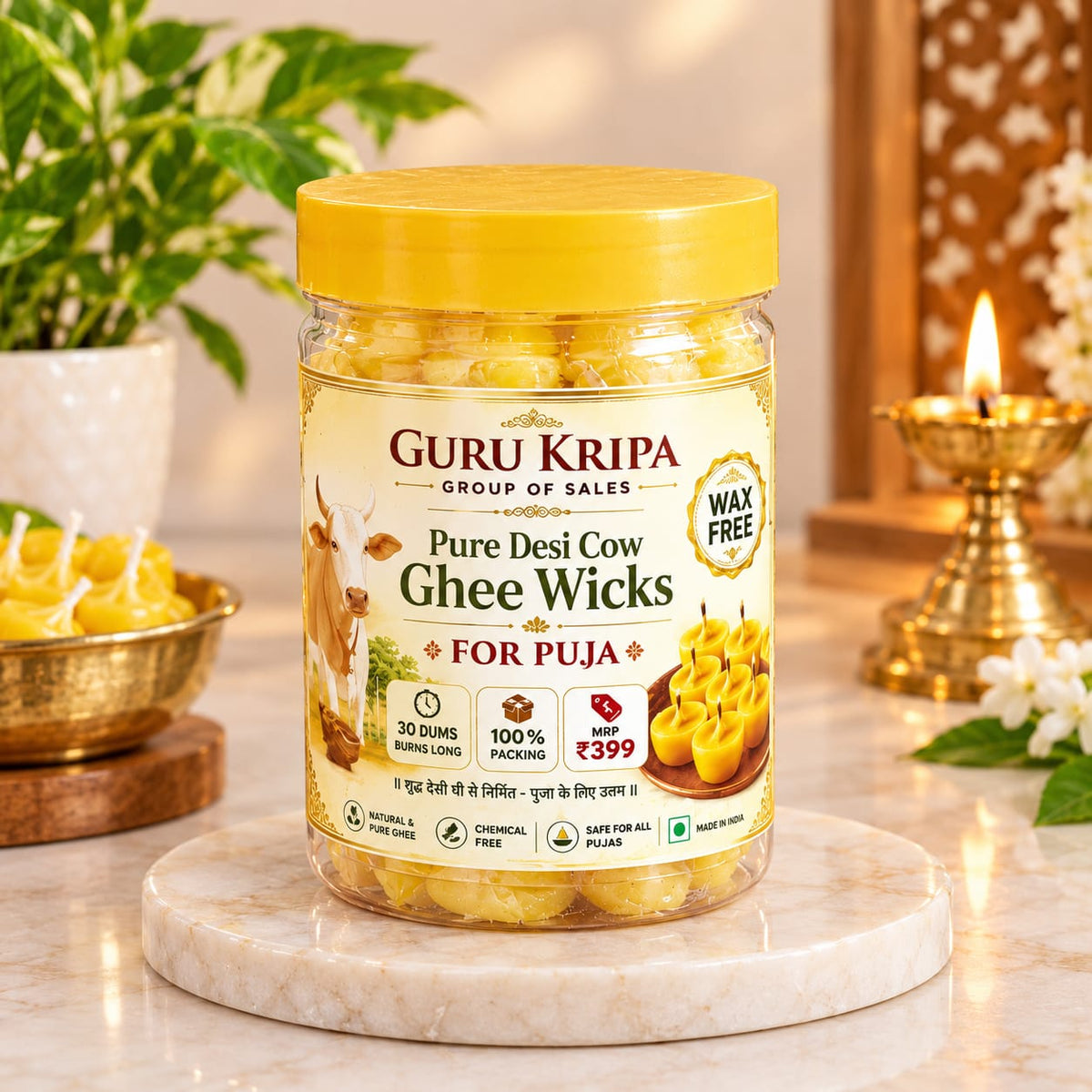 Pure Cow Ghee Diya Batti 100 Ready-to-Use Wax-Free Ghee Wicks for Puja