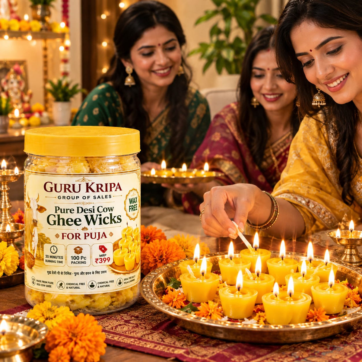 Pure Cow Ghee Diya Batti 100 Ready-to-Use Wax-Free Ghee Wicks for Puja