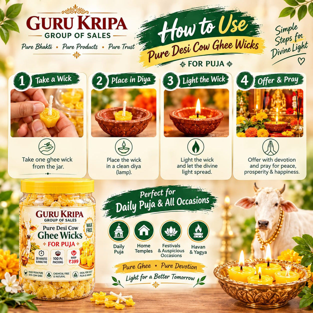 Pure Cow Ghee Diya Batti 100 Ready-to-Use Wax-Free Ghee Wicks for Puja