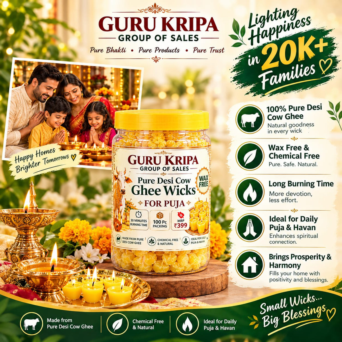 Pure Cow Ghee Diya Batti 100 Ready-to-Use Wax-Free Ghee Wicks for Puja