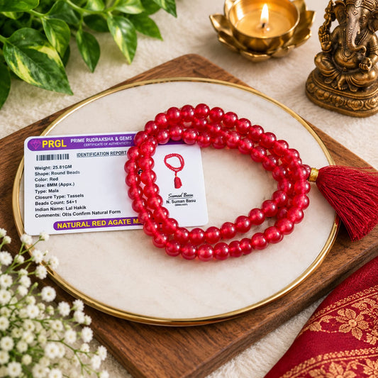 Red Agate Mala 54+1 beads, also known as Lal Hakik Mala, featuring 8MM beads, lab certified, perfect for jaap, meditation, and daily wear