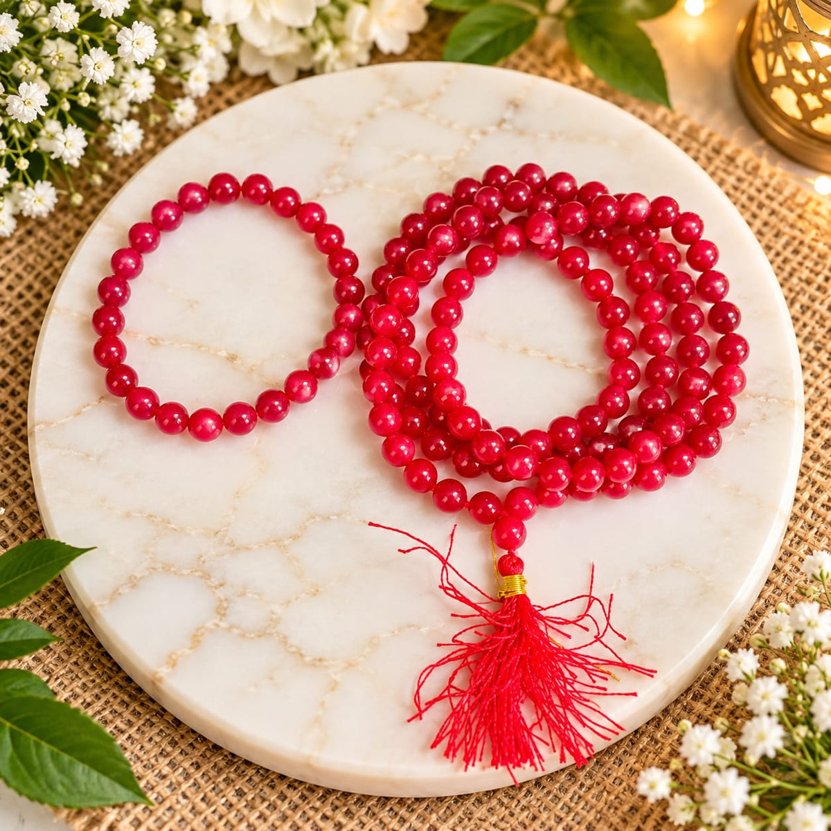 Red Agate Mala and Bracelet Combo Lab Certified for Meditation Healing and Daily Wear
