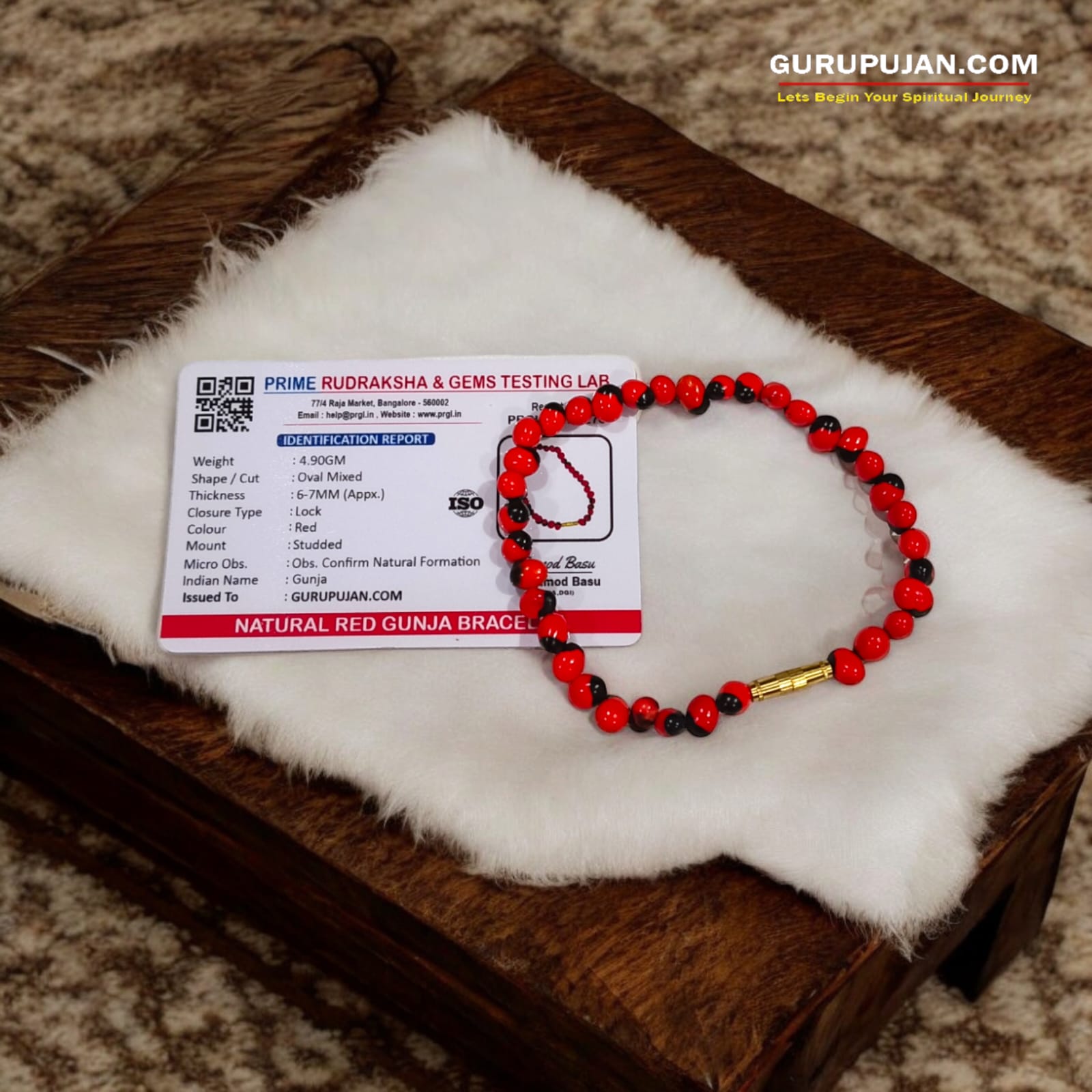 Red Gunja Bracelet made from natural red Ratti beads with a screw lock design, Lab Certified for authenticity.