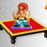 Red Velvet Aasan for Mandir, perfect for worship, Shri Aasan for placing idols and performing Puja, made of soft, luxurious velvet fabric.