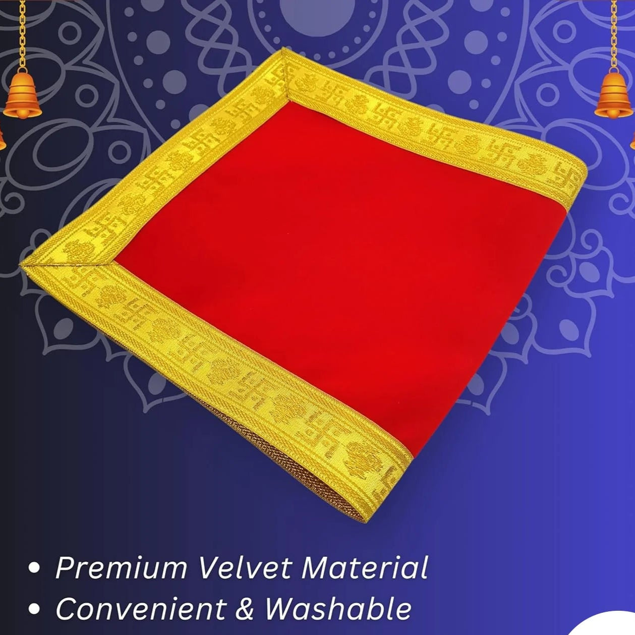 Red Velvet Aasan for Mandir, perfect for worship, Shri Aasan for placing idols and performing Puja, made of soft, luxurious velvet fabric.
