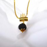 Rudraksha Locket with Brass Damru and Trishul Pendants, complemented by a free gold-plated chain, symbolizing Lord Shiva’s divine protection.
