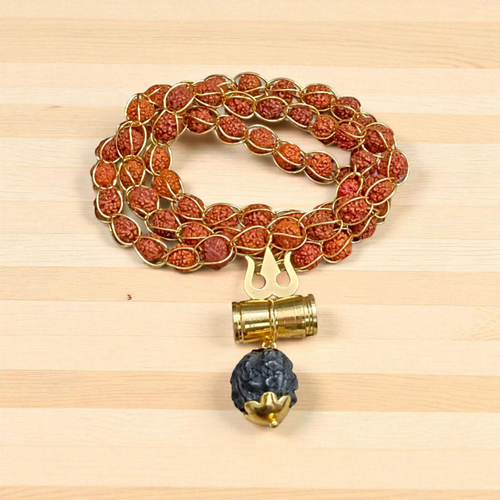 Rudraksha Mala with Gold Wired Design & Trishul Locket | Spiritual Puja Beads