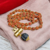 Rudraksha Mala with Gold Wired Design and Trishul Locket, offering divine protection and spiritual blessings from Lord Shiva