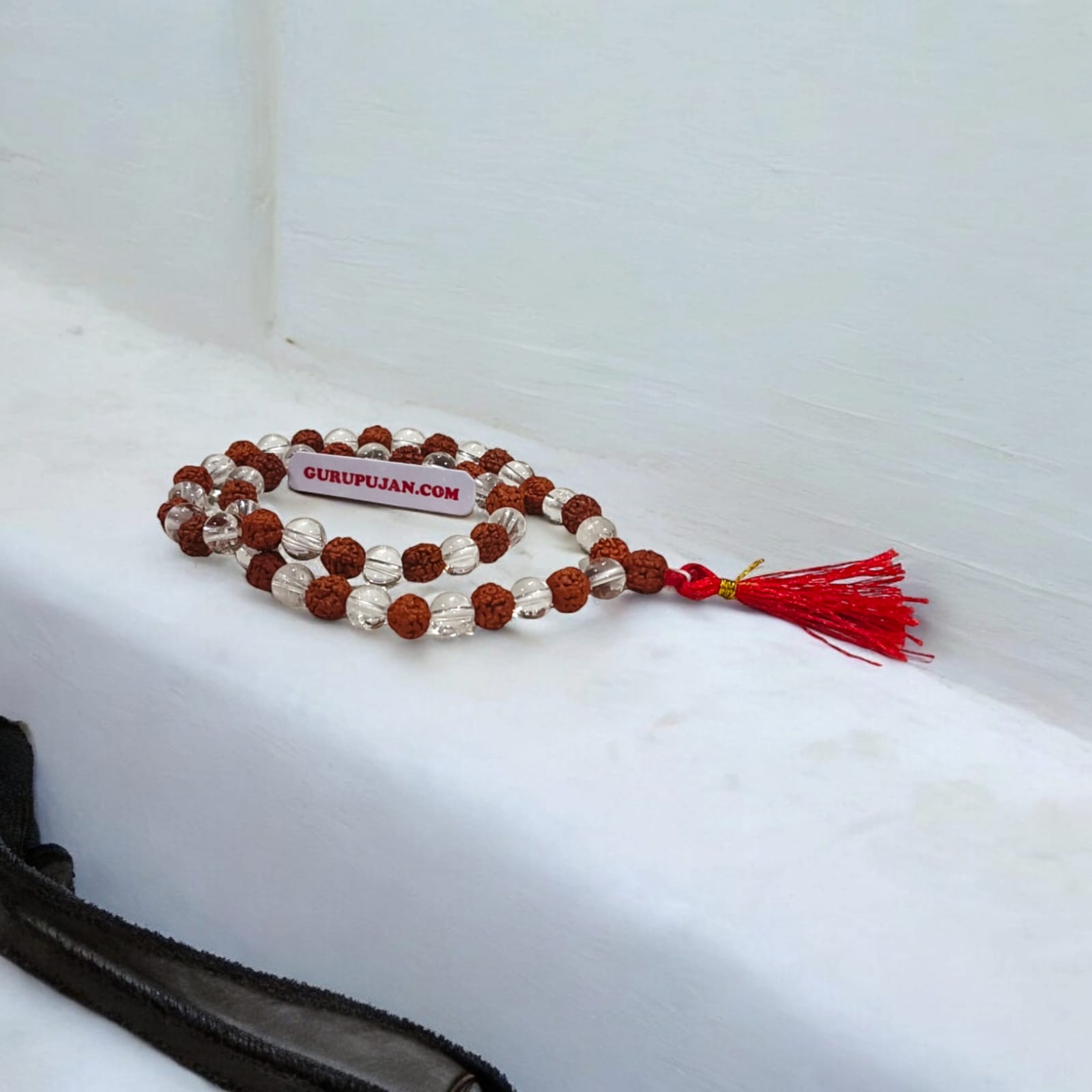 Rudraksha Spathic Mala 54+1 beads, made from natural Rudraksha and Spathic (Crystal) beads, 8MM size, lab certified, ideal for jaap, meditation, and daily wear.