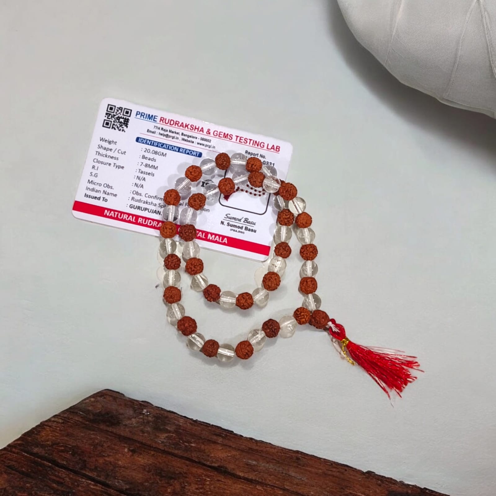 Rudraksha Spathic Mala 54+1 beads, made from natural Rudraksha and Spathic (Crystal) beads, 8MM size, lab certified, ideal for jaap, meditation, and daily wear.