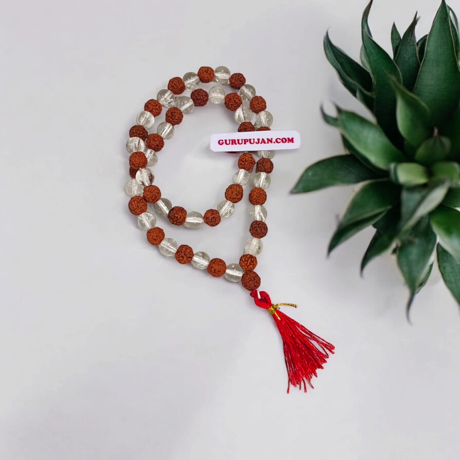 Rudraksha Spathic Mala 54+1 beads, made from natural Rudraksha and Spathic (Crystal) beads, 8MM size, lab certified, ideal for jaap, meditation, and daily wear.