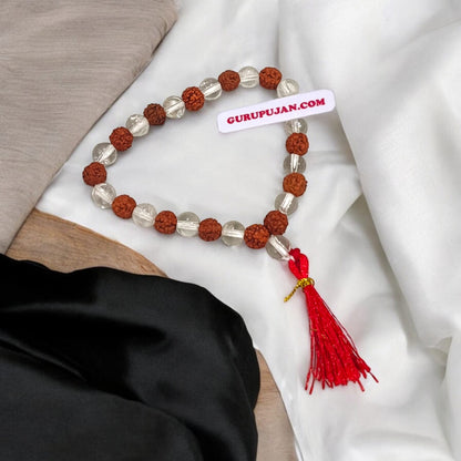 Rudraksha Sphatik Mala 27+1 beads made from natural Rudraksha and crystal, designed to clear negativity and bring happiness.