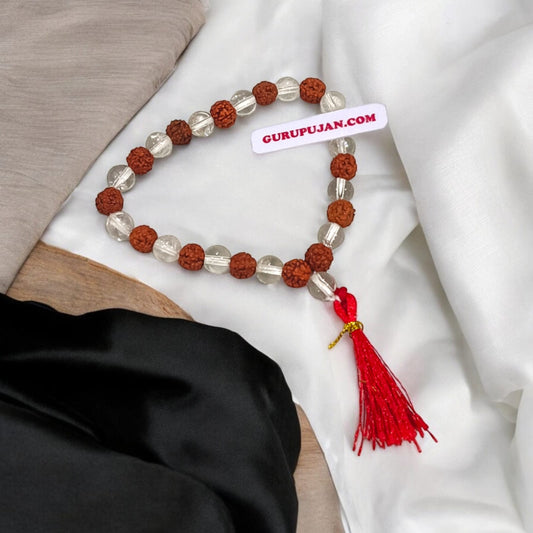 Rudraksha Sphatik Mala 27+1 beads made from natural Rudraksha and crystal, designed to clear negativity and bring happiness.