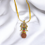 Rudraksha Trishul Locket with Navratna Gemstones, featuring a divine protection symbol and a gold chain for daily wear and spiritual growth.
