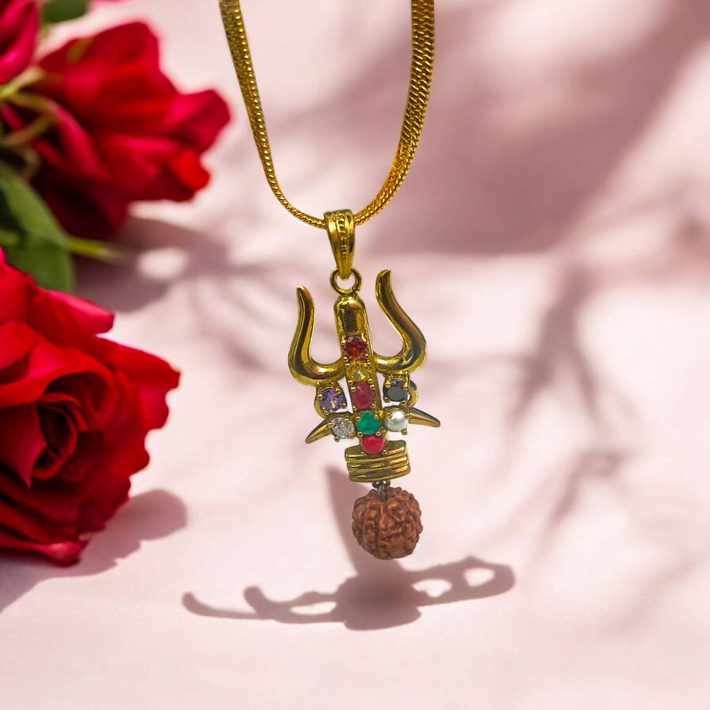 Rudraksha Trishul Locket with Navratna Gemstones, featuring a divine protection symbol and a gold chain for daily wear and spiritual growth.