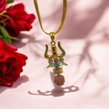 Rudraksha Trishul Locket with Navratna Gemstones, featuring a divine protection symbol and a gold chain for daily wear and spiritual growth.