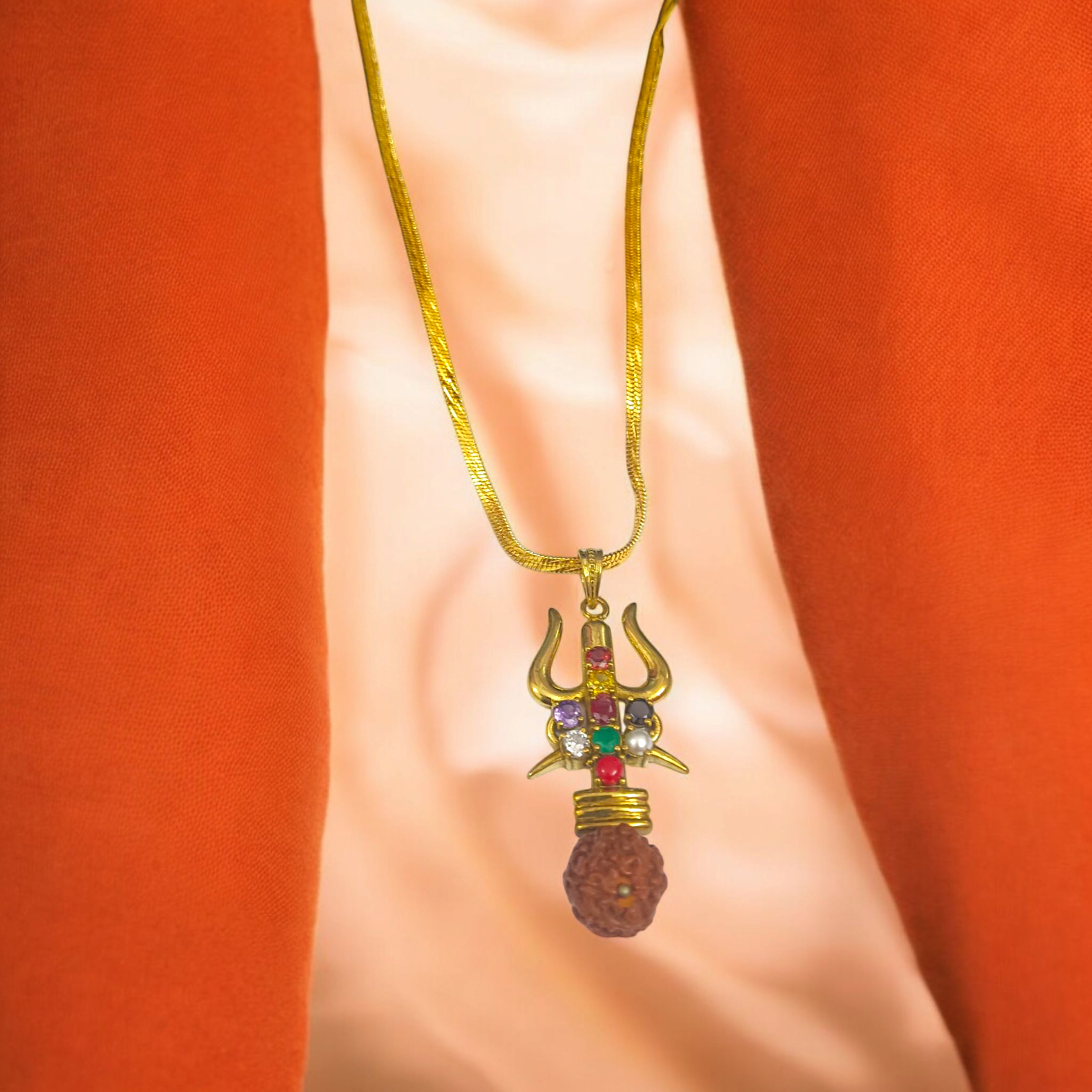 Rudraksha Trishul Locket with Navratna Gemstones, featuring a divine protection symbol and a gold chain for daily wear and spiritual growth.