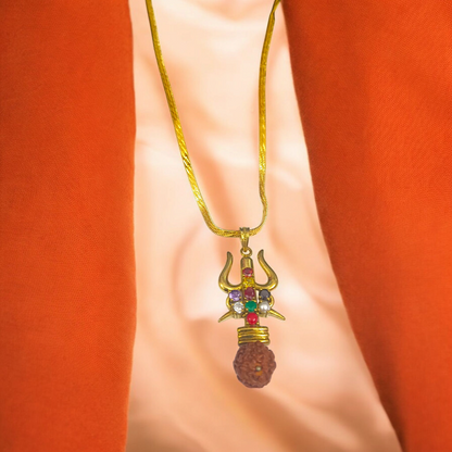 Rudraksha Trishul Locket with Navratna Gemstones, featuring a divine protection symbol and a gold chain for daily wear and spiritual growth.