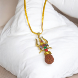 Rudraksha Trishul Locket with Navratna Gemstones, featuring a divine protection symbol and a gold chain for daily wear and spiritual growth.