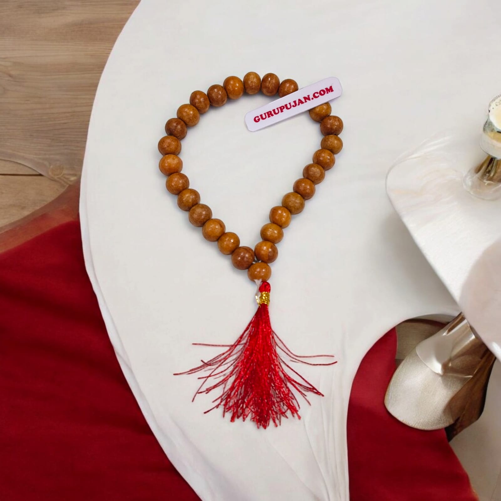 Safed Chandan Mala 27+1 beads made from pure white sandalwood, ideal for anxiety relief, respiratory health, and memory improvement.