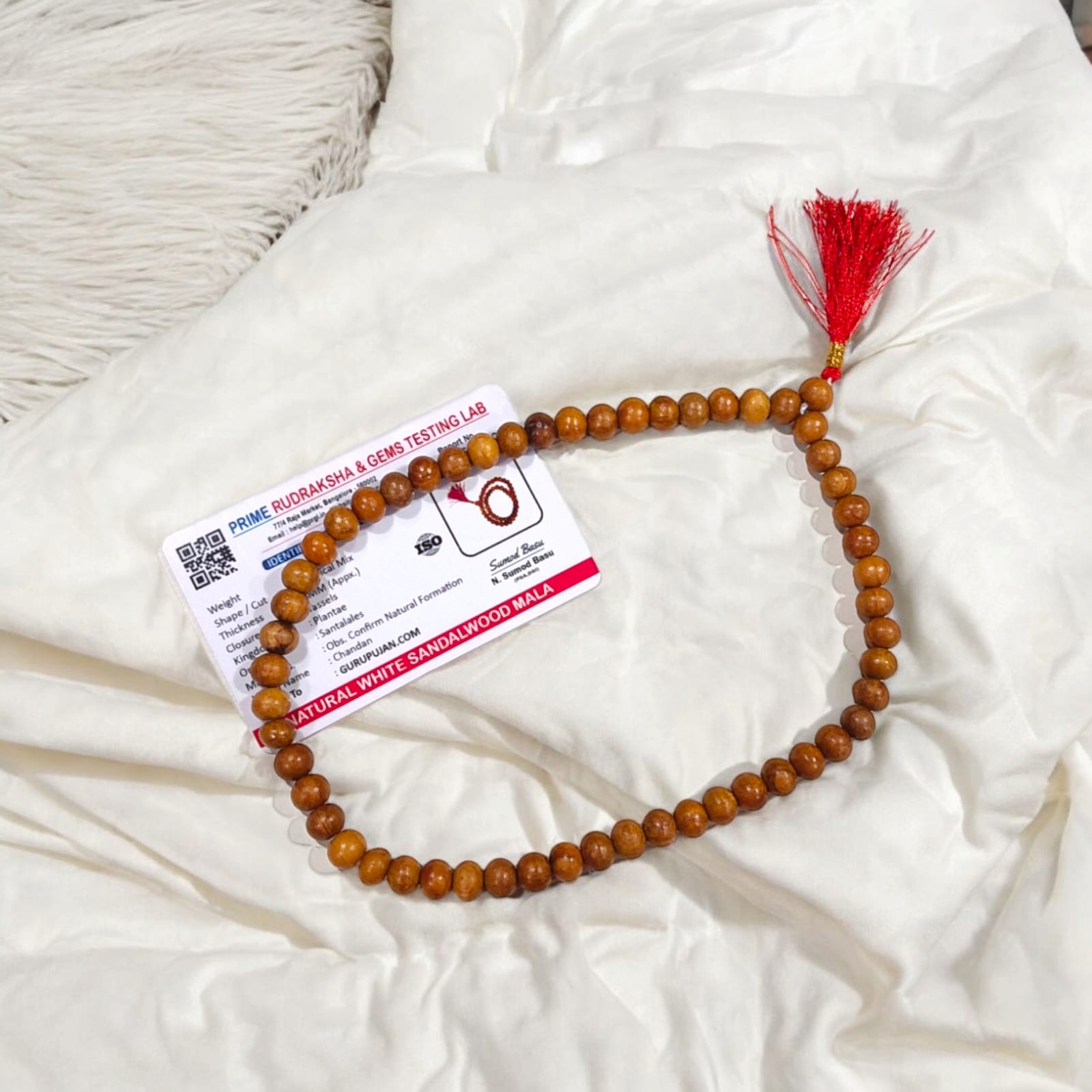 Safed Chandan Mala 54+1 beads, also known as White Sandalwood Mala, featuring 8MM beads, lab certified, ideal for jaap, meditation, and daily wear.