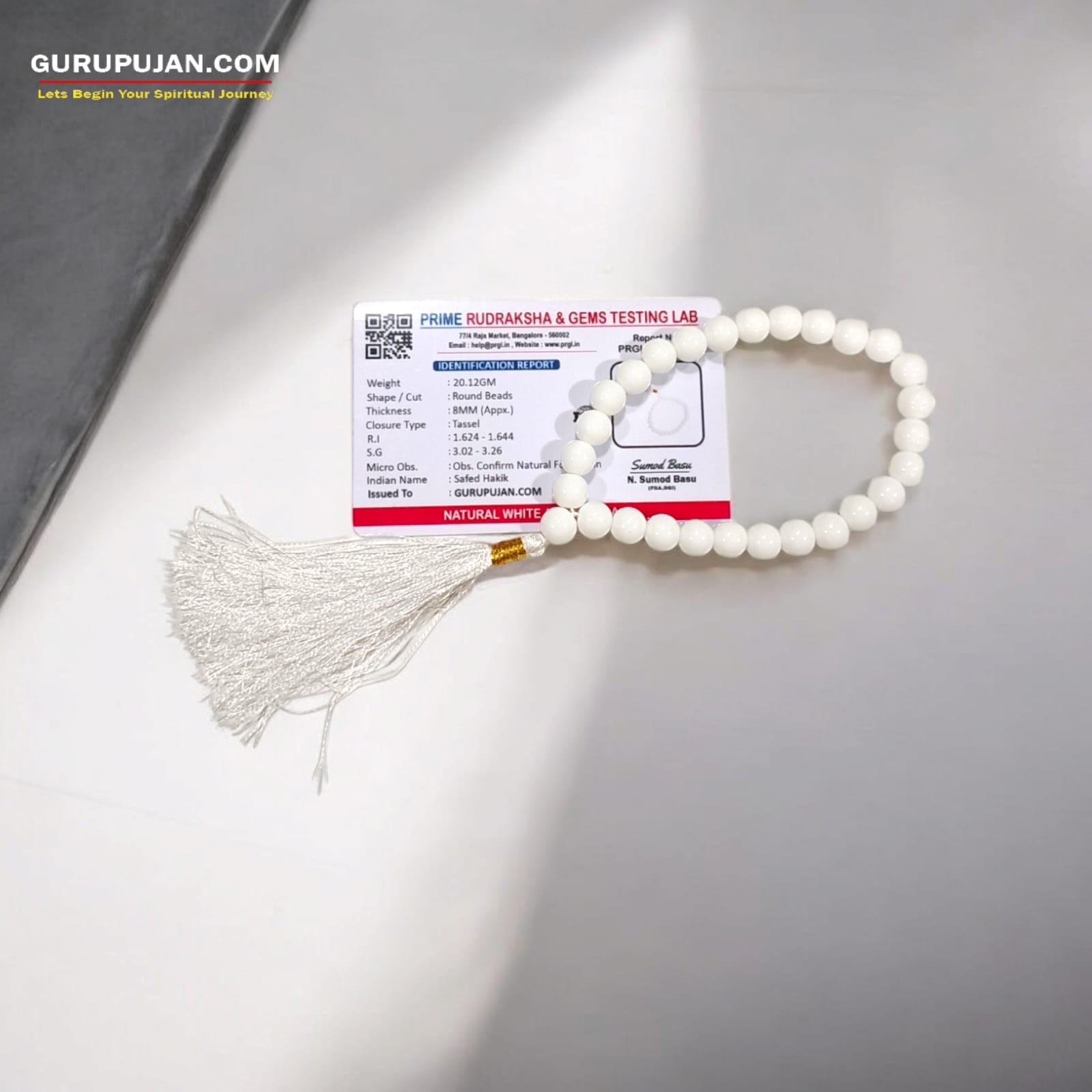 Safed Hakik Mala 27+1 Beads, 8MM White Agate Jaap Mala by Gurupujan, perfect for attracting luck, prosperity, and cash flow.