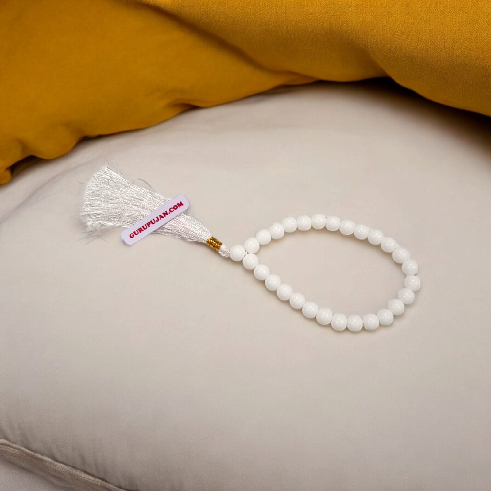 Safed Hakik Mala 27+1 Beads, 8MM White Agate Jaap Mala by Gurupujan, perfect for attracting luck, prosperity, and cash flow.