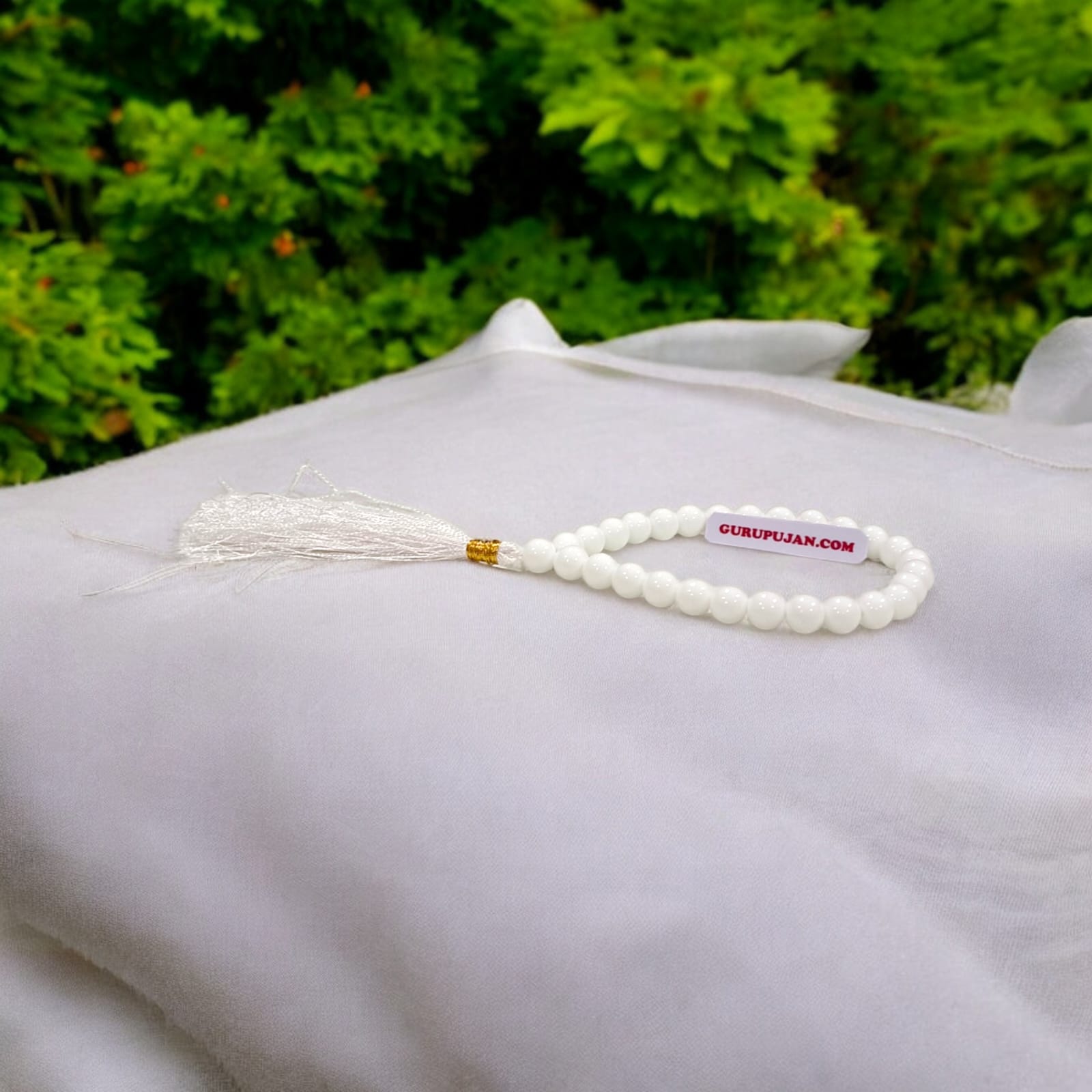 Safed Hakik Mala 27+1 Beads, 8MM White Agate Jaap Mala by Gurupujan, perfect for attracting luck, prosperity, and cash flow.