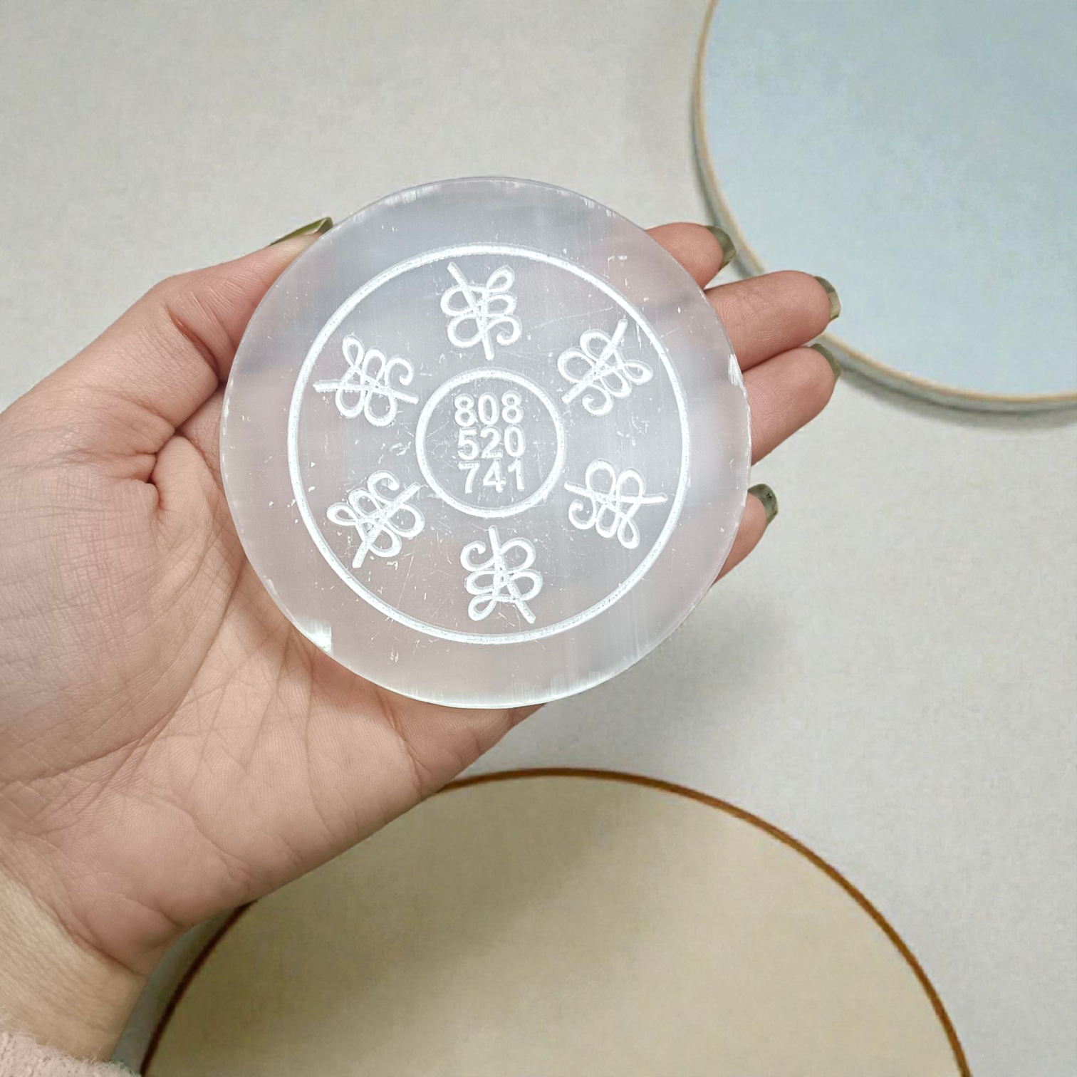 Selenite charging plate with carved Reiki healing numbers for Reiki healing, meditation, Vastu, pooja, manifestation, and crystal recharging