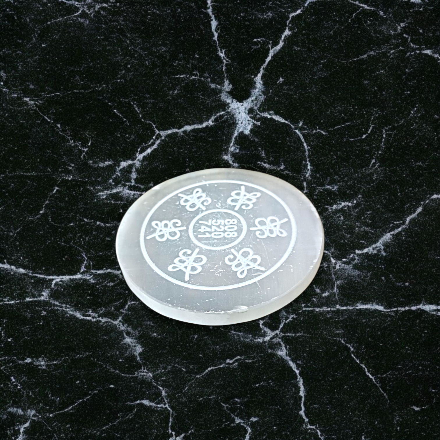 Selenite charging plate with carved Reiki healing numbers for Reiki healing, meditation, Vastu, pooja, manifestation, and crystal recharging