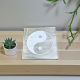 Selenite engraved charging plate coaster for crystal cleansing, recharging, meditation, Reiki, and boosting clarity and intuition