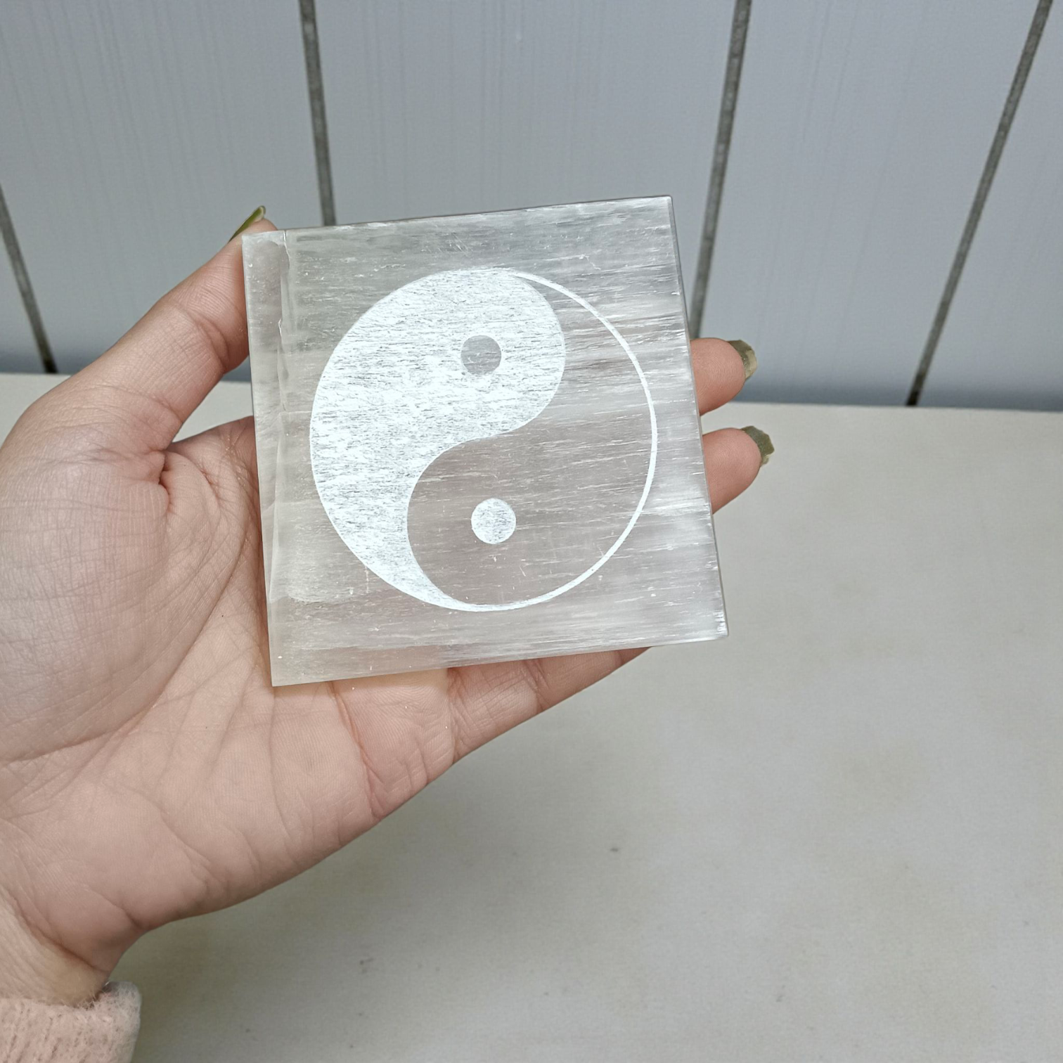 Selenite engraved charging plate coaster for crystal cleansing, recharging, meditation, Reiki, and boosting clarity and intuition