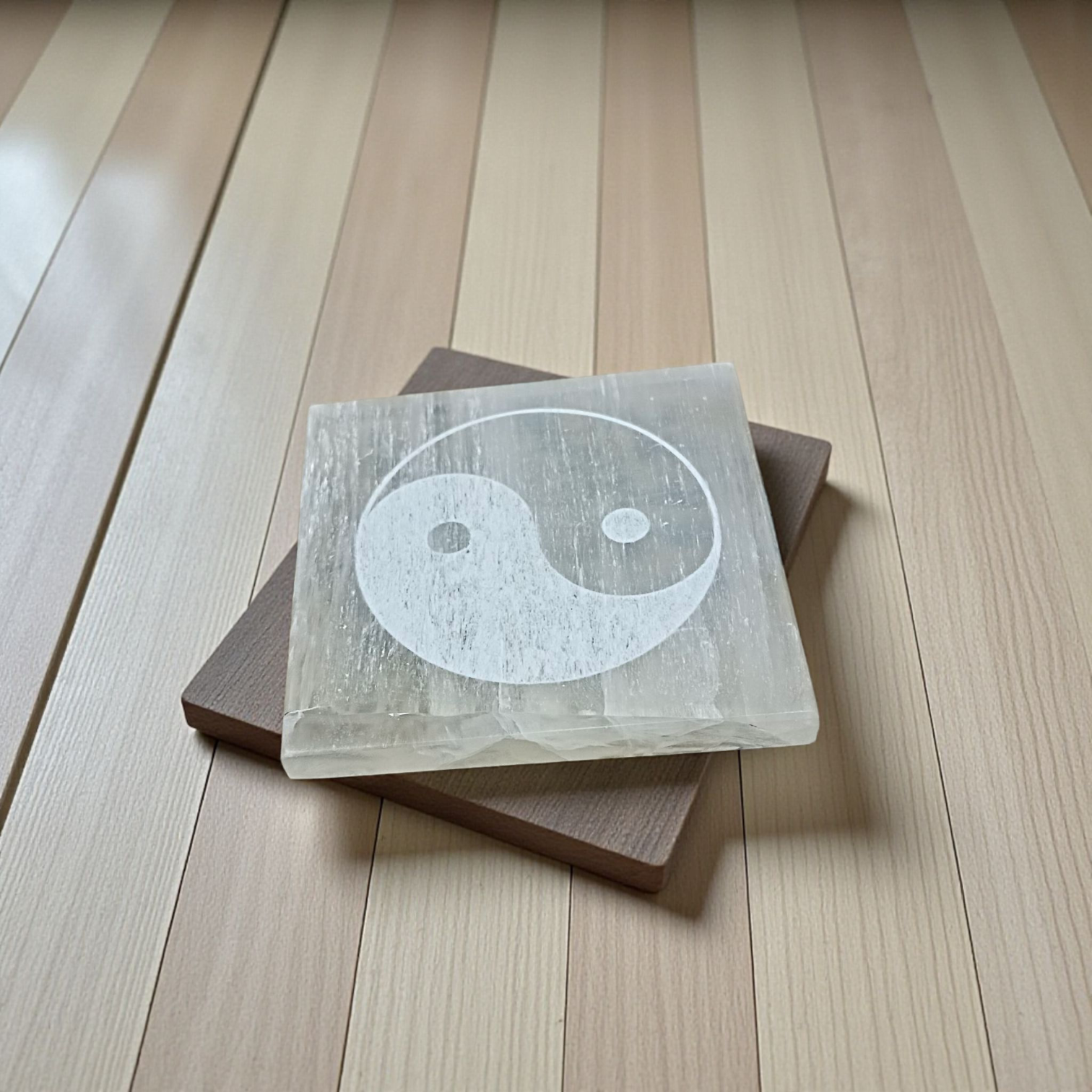 Selenite engraved charging plate coaster for crystal cleansing, recharging, meditation, Reiki, and boosting clarity and intuition
