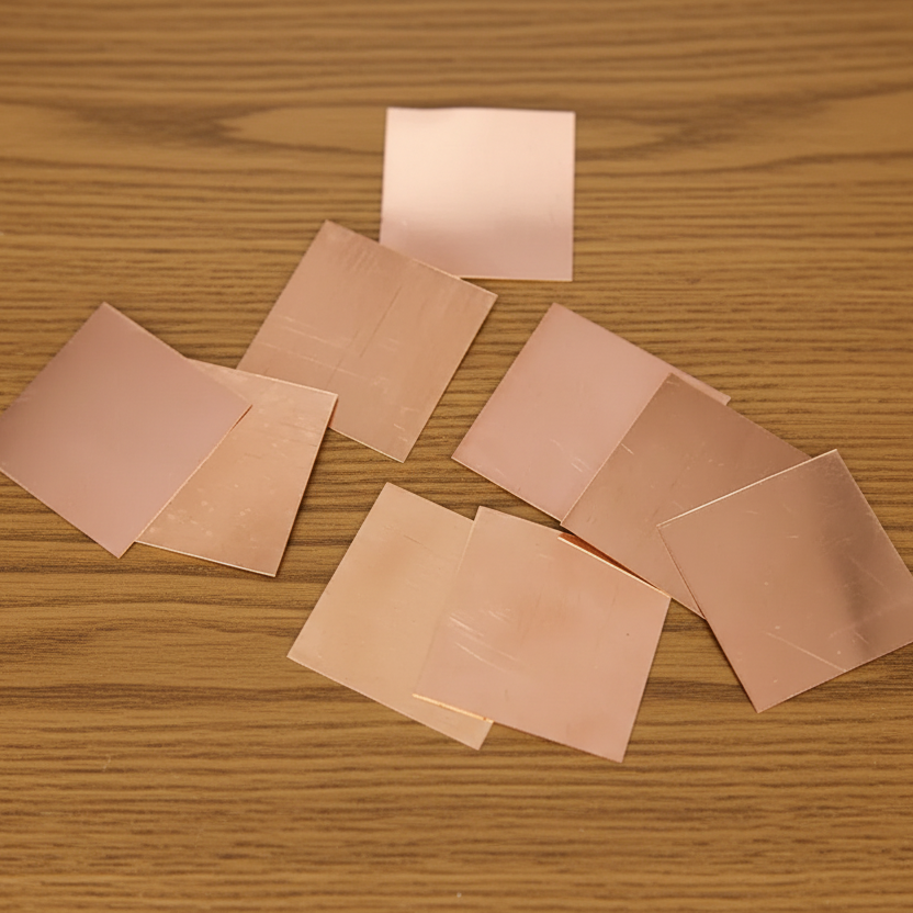 Set of 11 Copper Square Pieces (Copper Patra) used for Vastu correction, spiritual rituals, and energy enhancement.