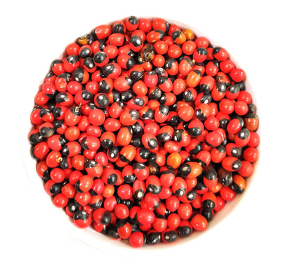 Set of 21 loose Gunja Seeds in red, white, and black colors, lab certified, ideal for creating malas, meditation, mantra chanting, and spiritual practices.