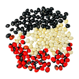 Set of 21 loose Gunja Seeds in red, white, and black colors, lab certified, ideal for creating malas, meditation, mantra chanting, and spiritual practices.