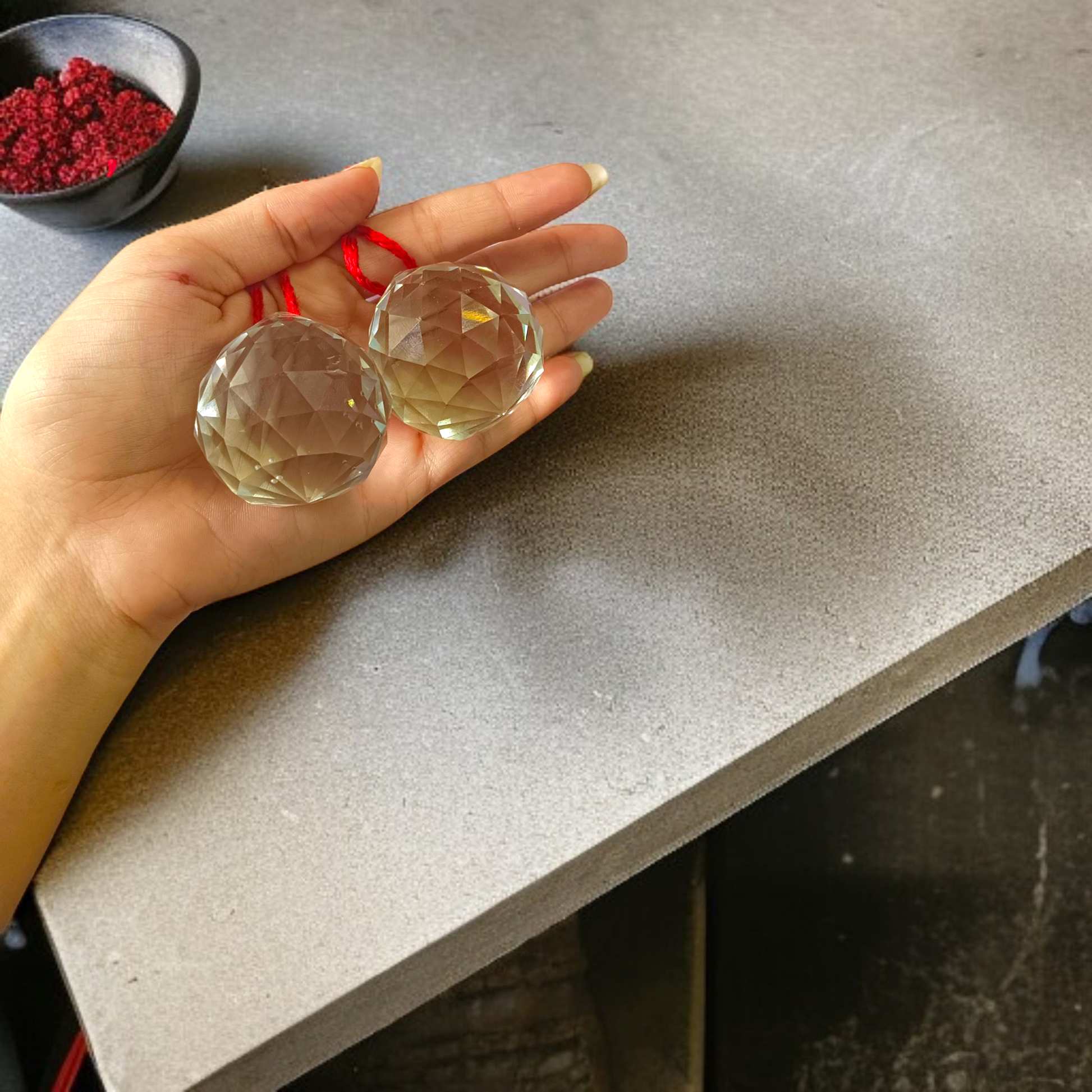 Set of 2 Crystal Balls for hanging, made of high-quality crystals, used for spiritual rituals, Vastu remedies, and home décor to enhance energy flow and attract positive vibrations.