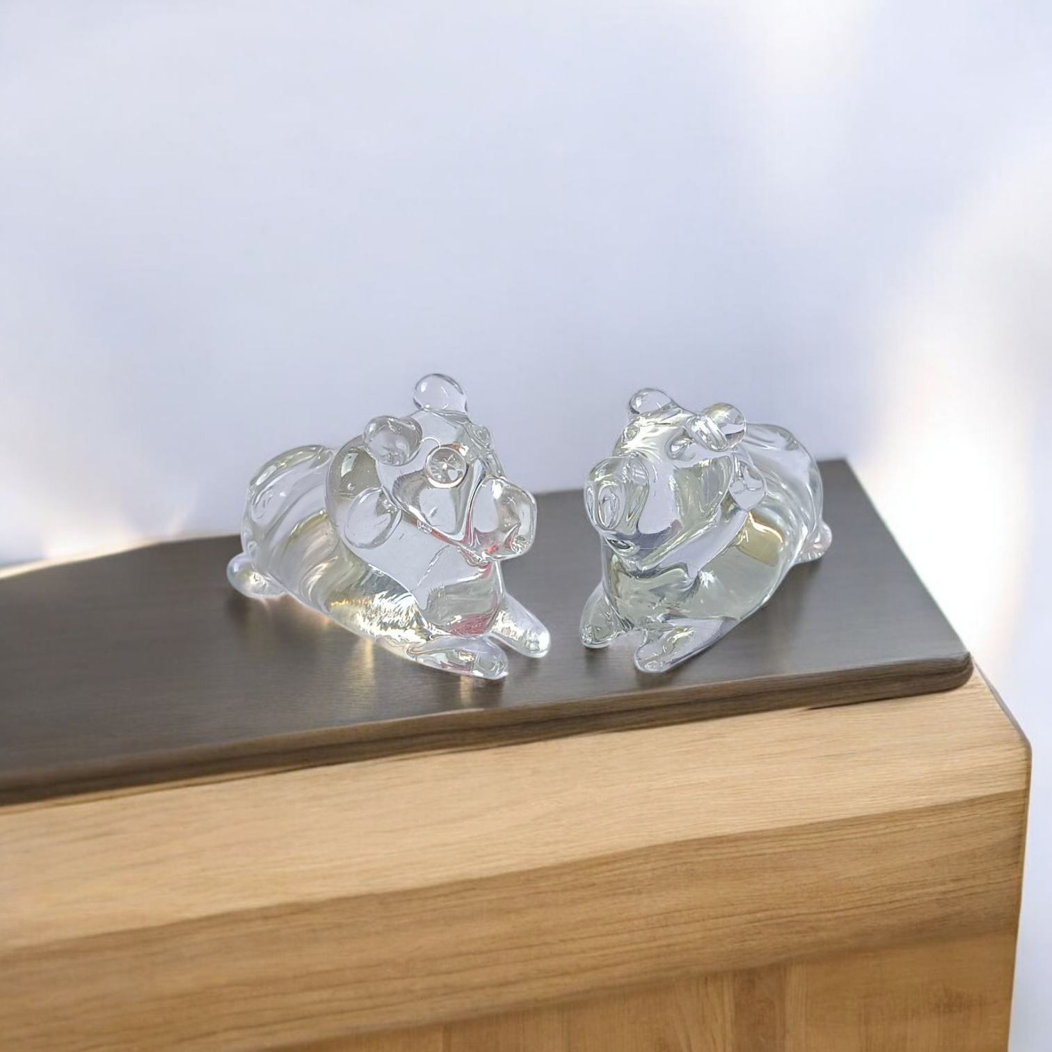 Set of 2 Sphatik Nandi idols, made from Sphatik crystal (Crystal Quartz), used for spiritual practices, Vastu remedies, and enhancing positive energy