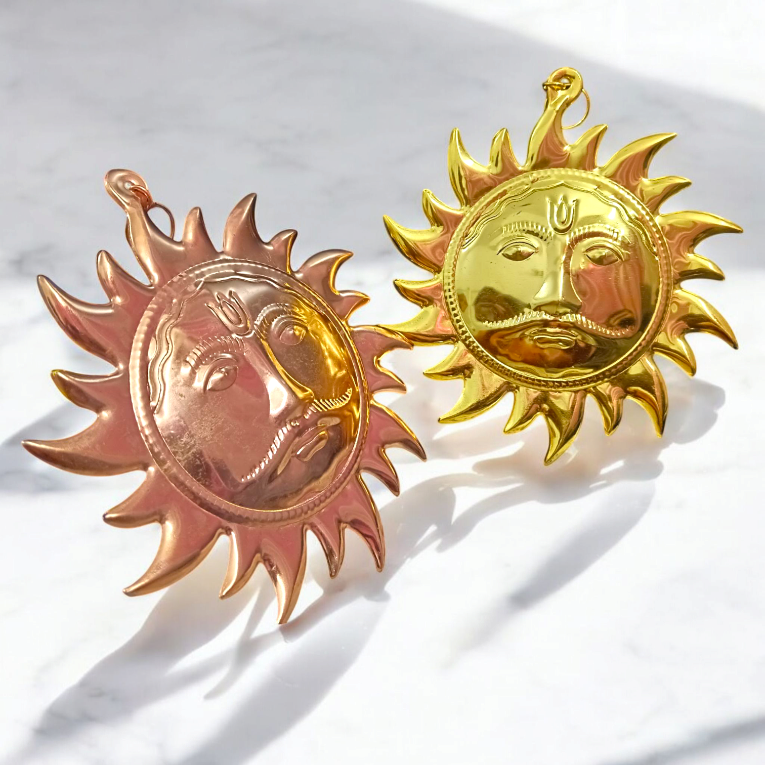 Set of 2 Surya Dev Wall Hanging made from brass and copper, golden finish, 7 inches, protects from Vaastu Dosh and Shani Dosh, perfect for home and office decor