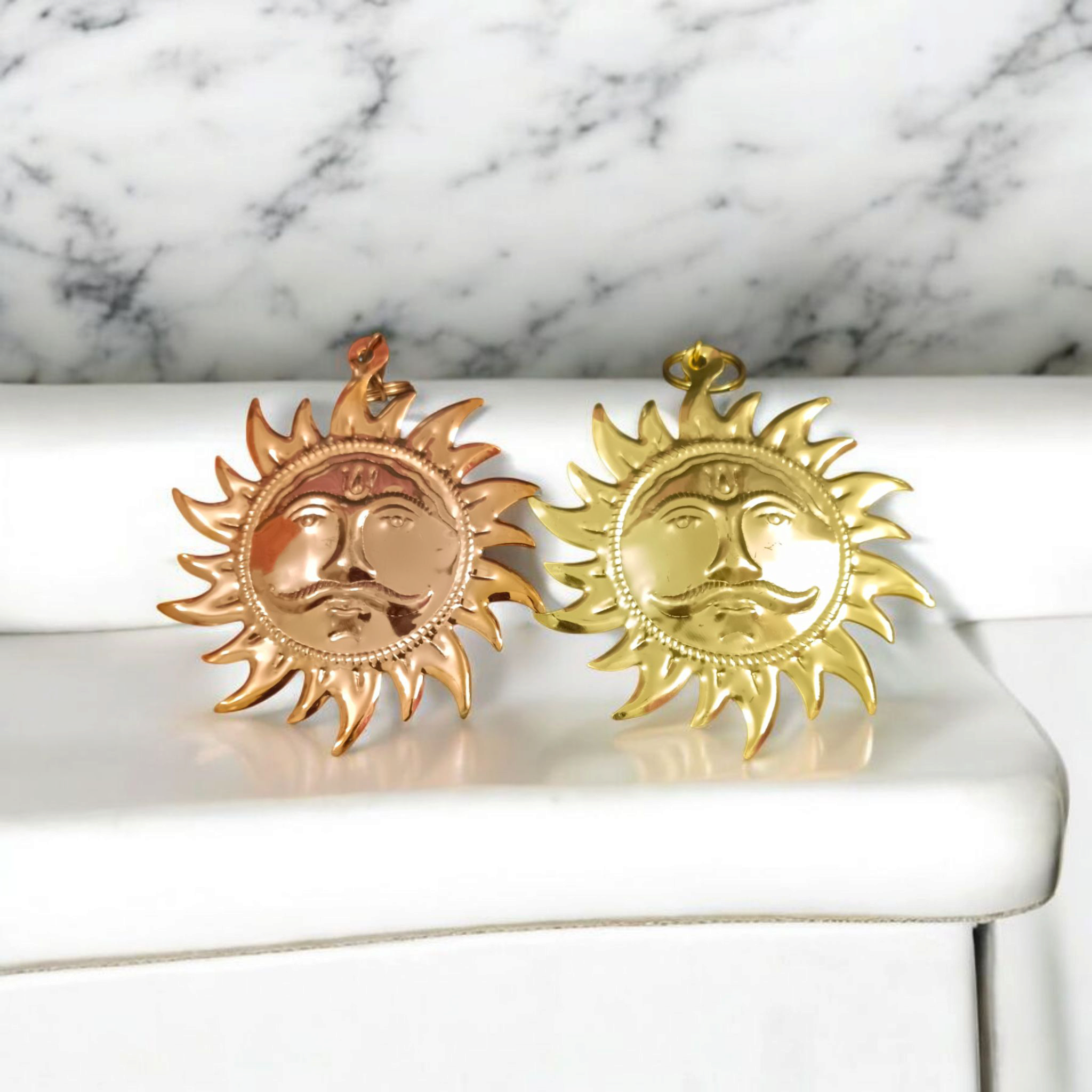 Set of 2 Surya Dev Wall Hanging with brass and copper materials, golden finish for home and office, protects from Vaastu and Shani Dosh.