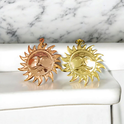 Set of 2 Surya Dev Wall Hanging with brass and copper materials, golden finish for home and office, protects from Vaastu and Shani Dosh.