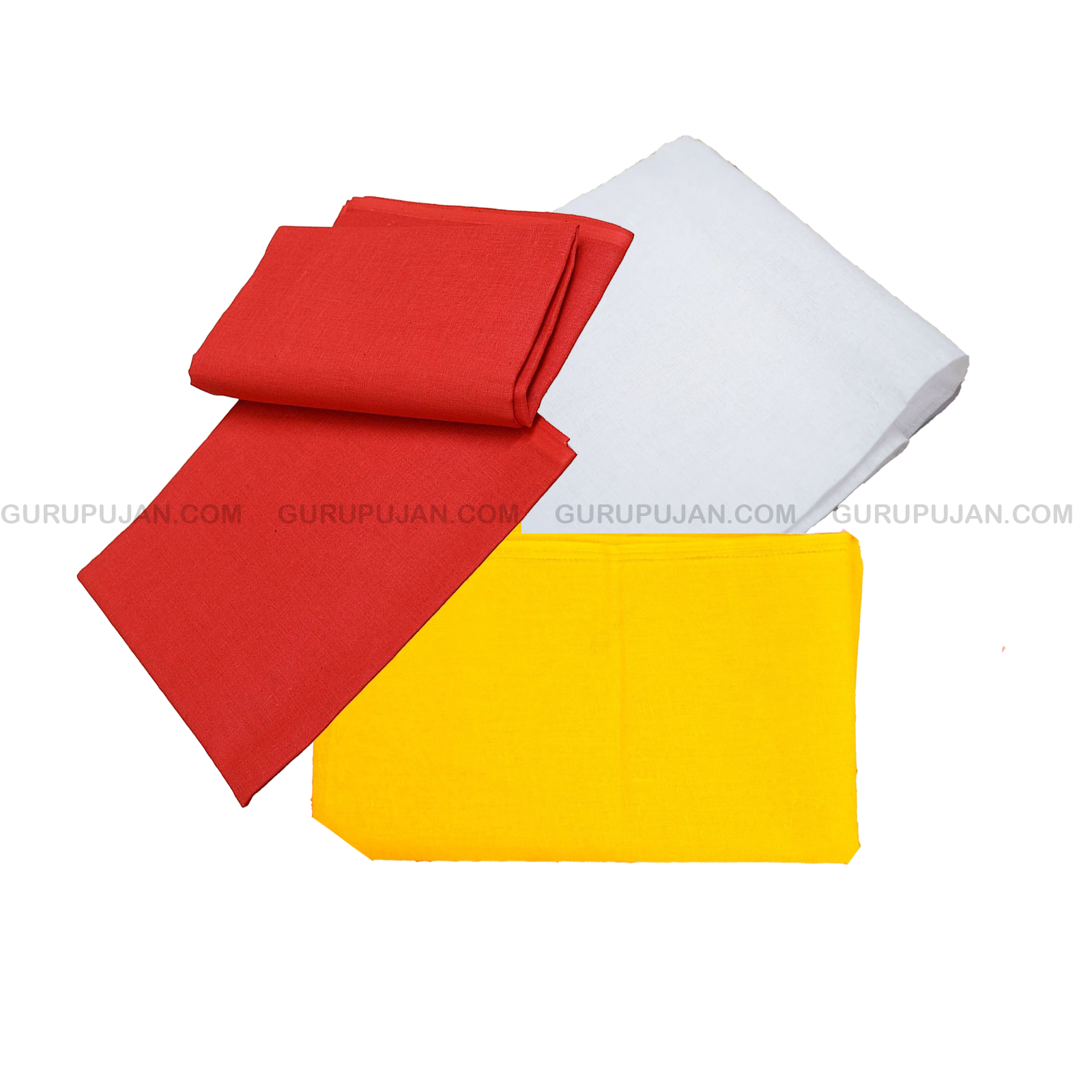 Set of 3 Pooja Cloths in red, yellow, and white colors, each 1.25 meters long, ideal for worship and pooja rituals. High-quality fabric for religious ceremonies.